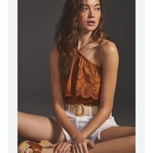 NWT Anthropologie Ruffled Halter Embroidered Tank Blouse Top Ruffle Brown Medium